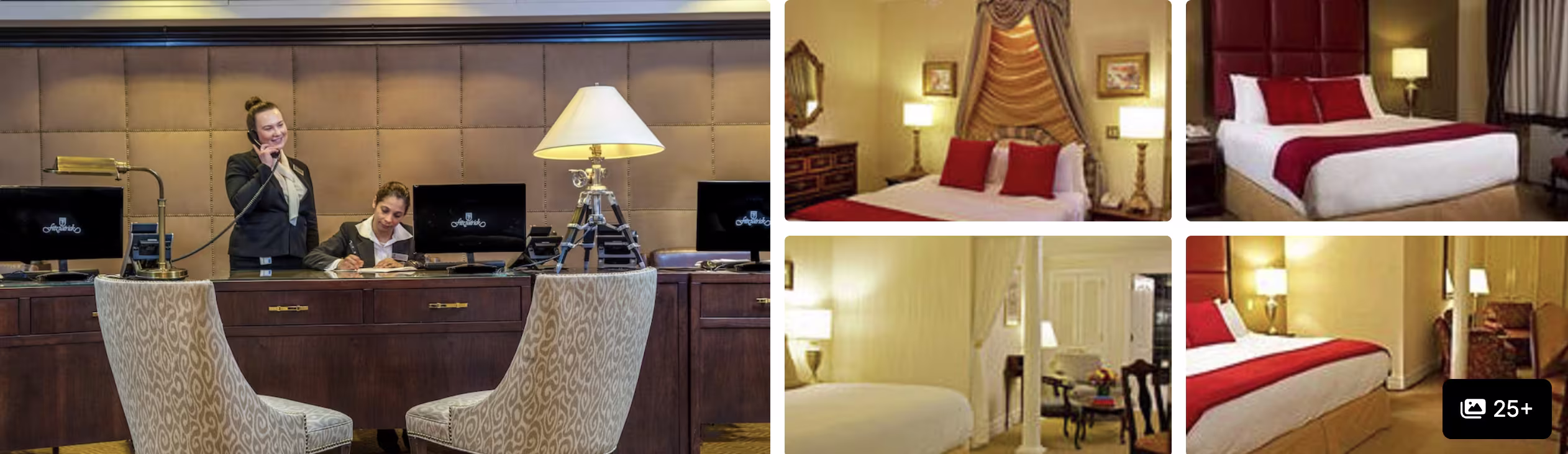 Photos of a hotel off Fifth Avenue: staff at reception desk and classic guest rooms with red-accented bedding