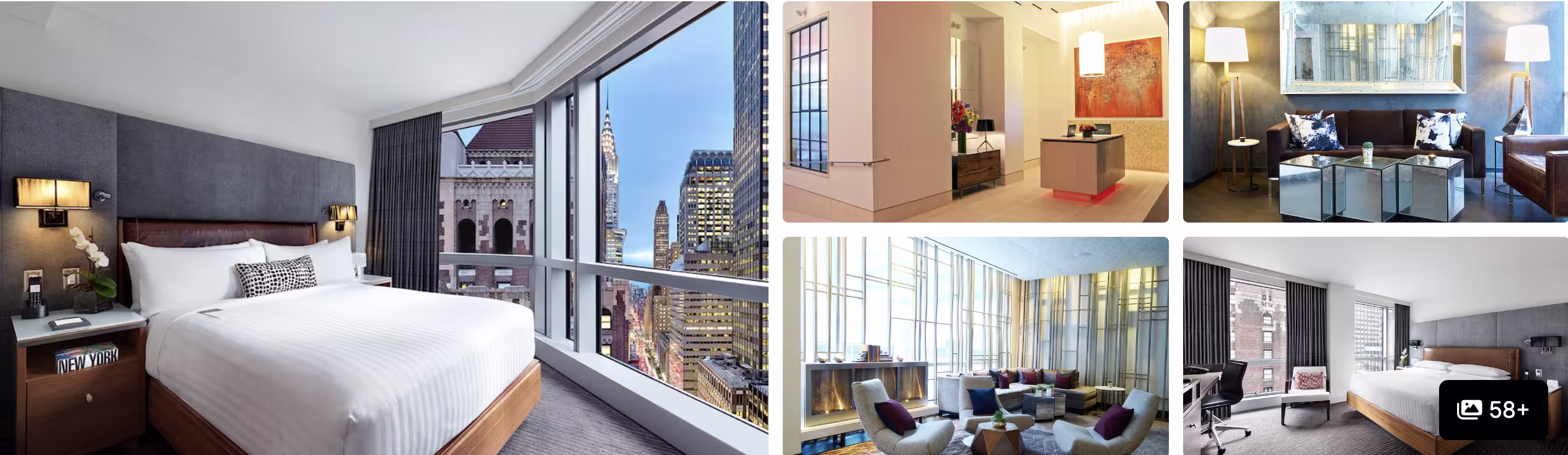 Photos of a hotel off Fifth Avenue: corner guest room with city skyline view, lounge, living room and modern suite