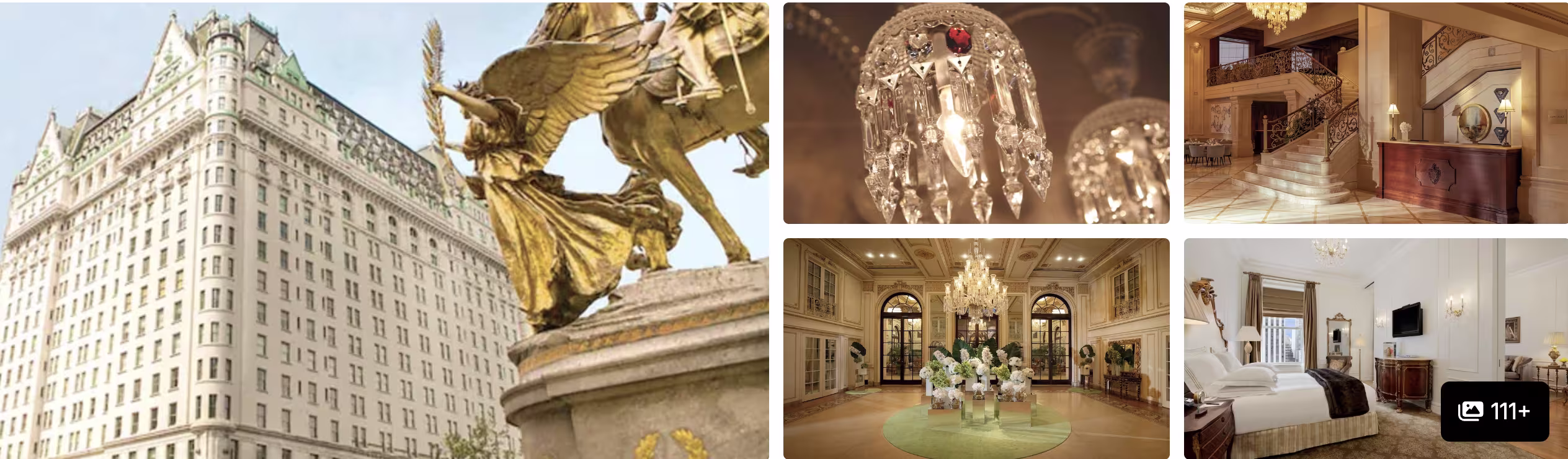 Photos of The Plaza Hotel near the parade end: facade with golden statue, chandelier, ballroom and white guest room