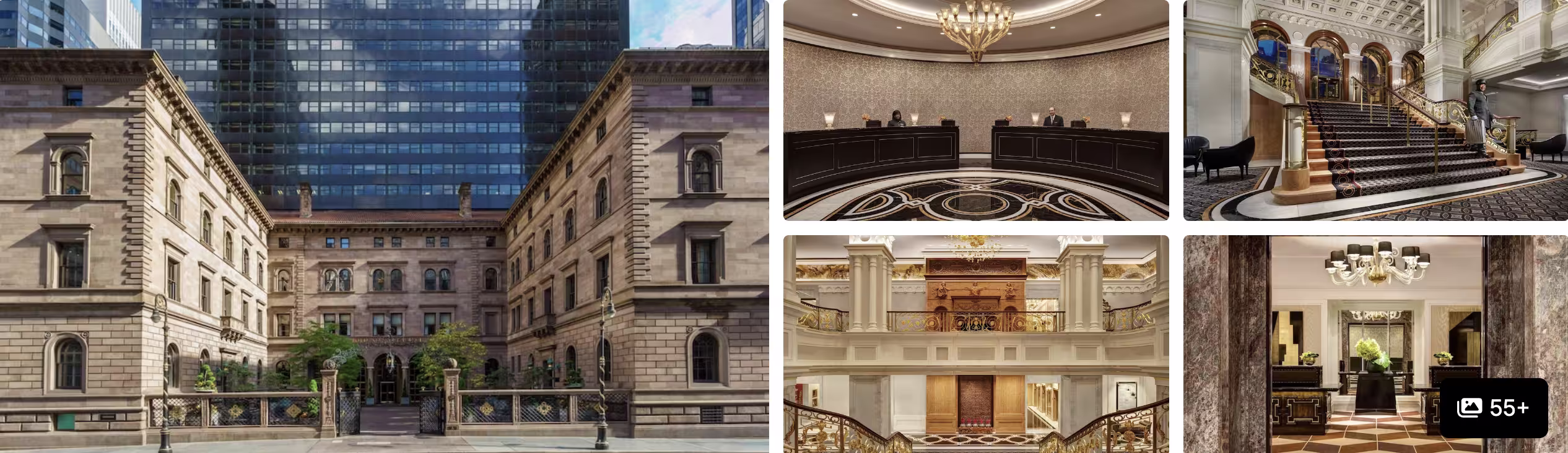 Photos of a hotel mid St. Patrick's Day parade route: stone-and-glass courtyard exterior, chandeliered lobby and grand staircase