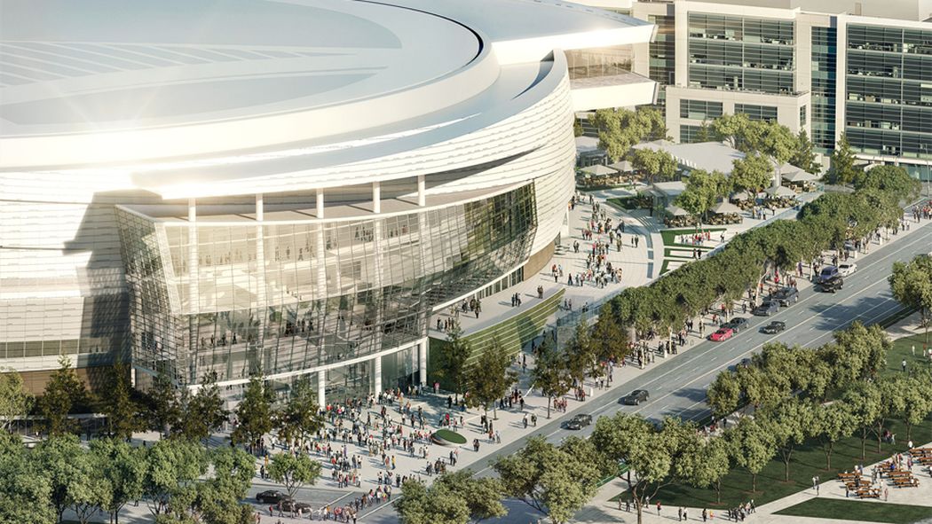 Rendering of Chase Center arena in San Francisco with crowds walking the plaza and tree-lined street