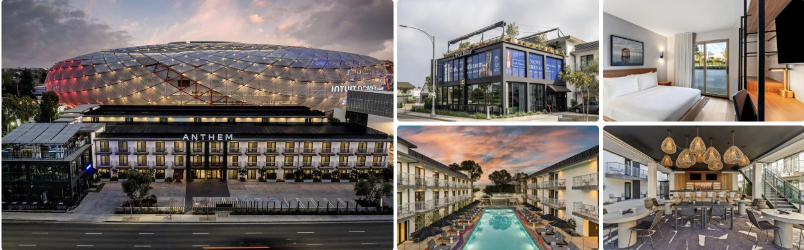 Photos of a hotel near Intuit Dome arena: lit arena exterior, modern hotel facade, guest room and poolside courtyard