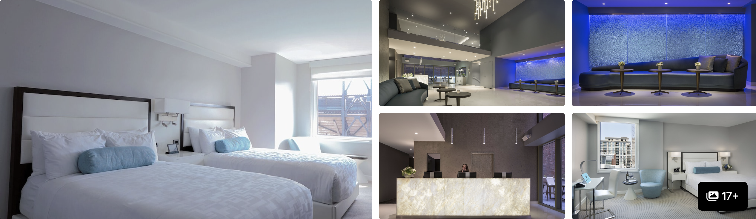 Photos of LUMA Hotel San Francisco: guest room with two beds, modern lounge with blue lighting and reception desk
