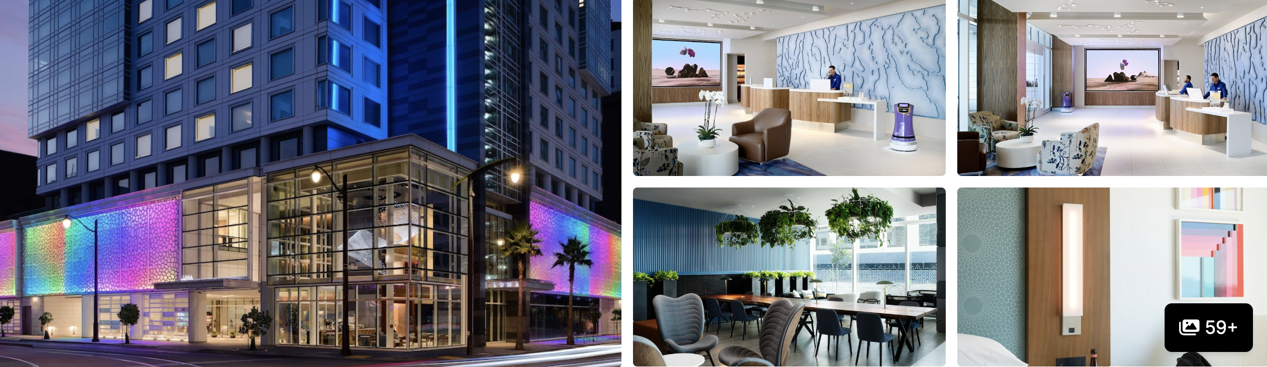 Photos of a hotel near Chase Center: illuminated glass exterior at night, lobby, dining area and guest room detail