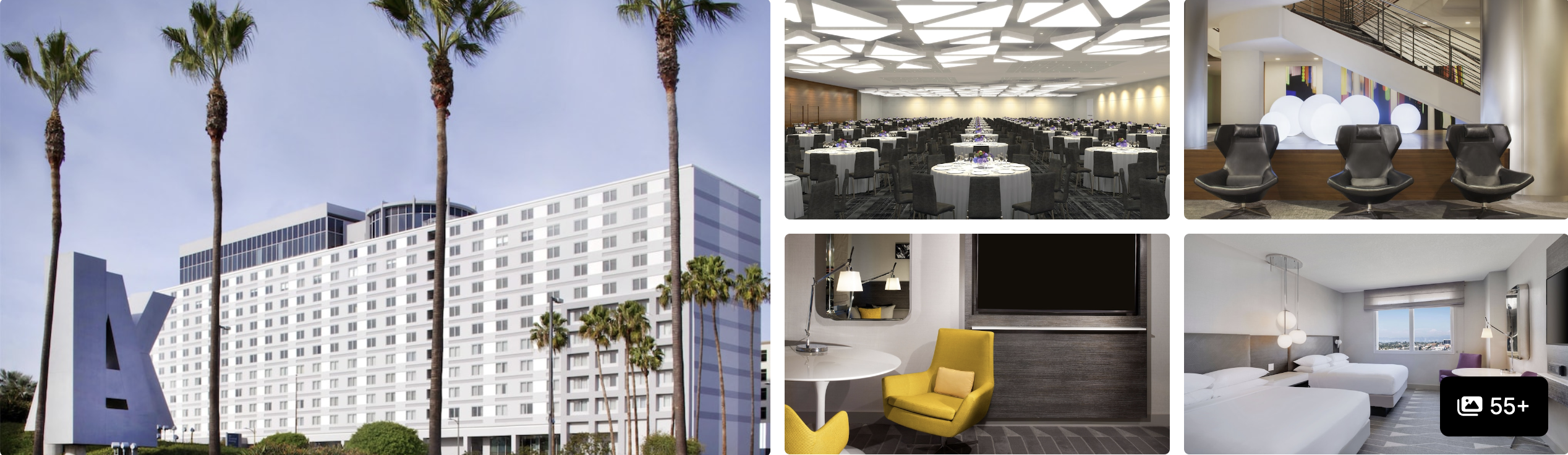 Photos of Hampton Inn LAX/Hawthorne: palm-lined tower exterior, meeting room, lounge and a guest room