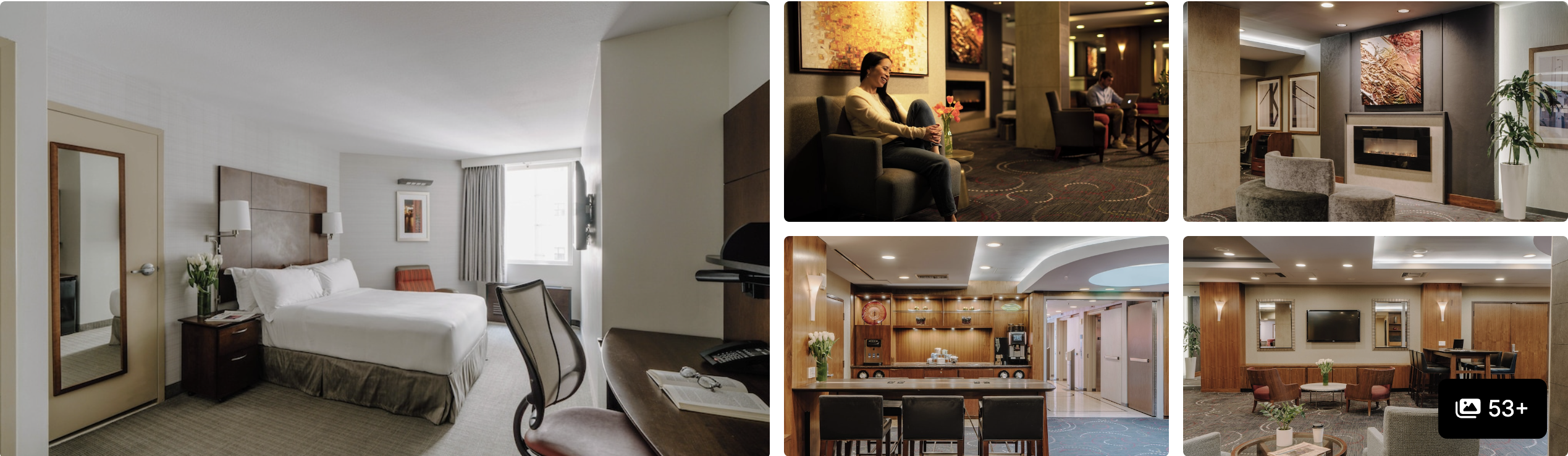 Photos of Canopy by Hilton San Francisco SoMa: guest room, fireside lounge, fireplace seating and lobby bar