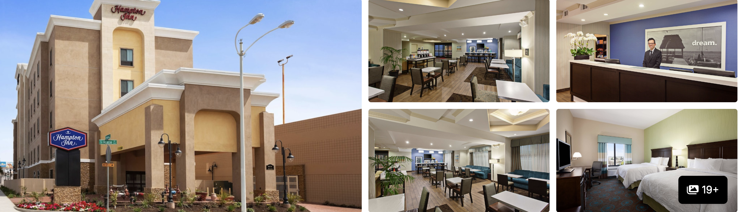 Photos of Westin Los Angeles Airport: hotel exterior at dusk, breakfast lounge, front desk and a guest room
