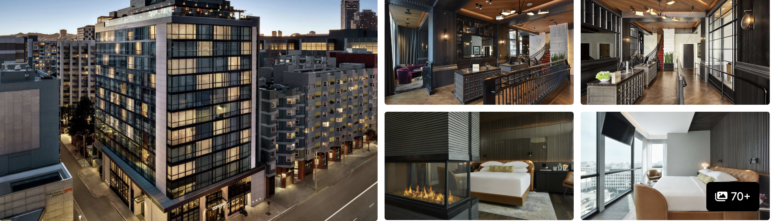 Photos of Hyatt Place San Francisco Downtown: glass tower exterior at dusk, lobby bar, fireplace lounge and guest room
