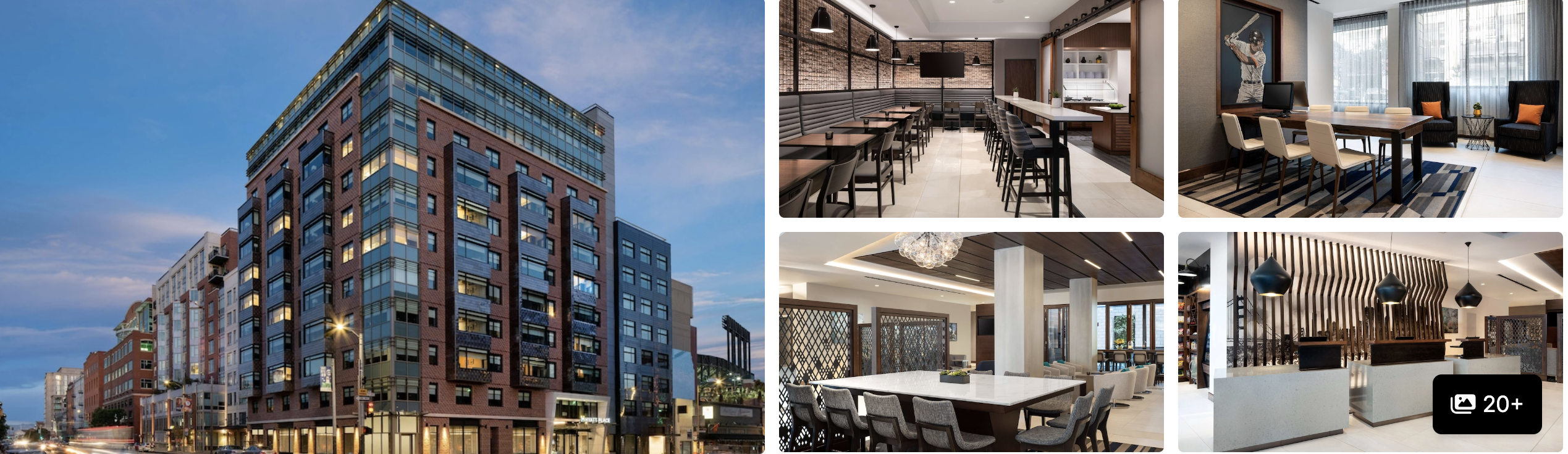 Photos of Hotel VIA in San Francisco: brick and glass exterior at dusk, lounge, dining room and reception