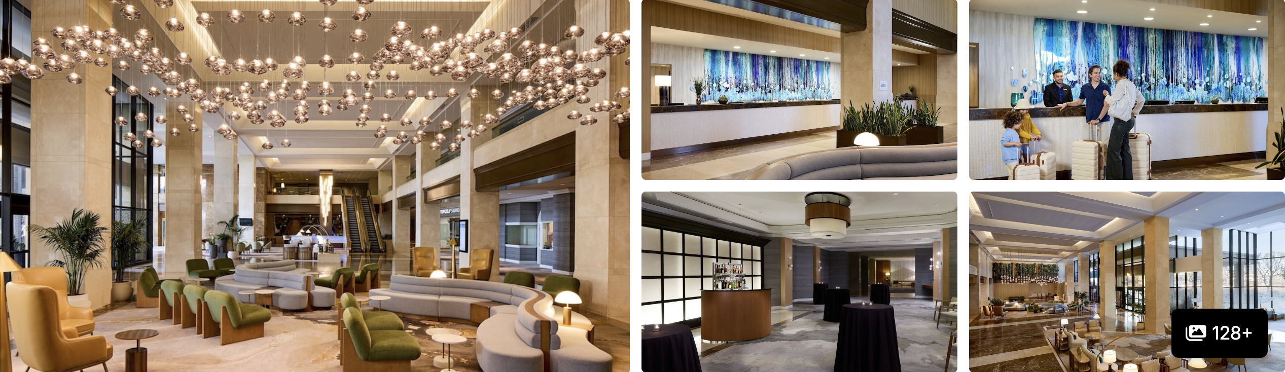 Photos of La Quinta Inn and Suites Inglewood: chandelier-lit lobby, lounge seating and an upper-level walkway