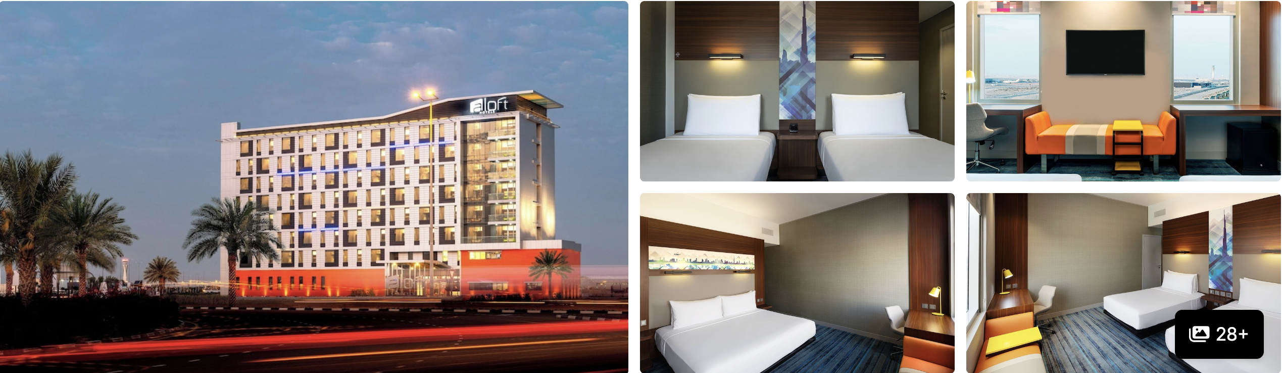 Photos of Aloft Dubai South: illuminated hotel exterior at dusk, twin-bed rooms and lounge seating