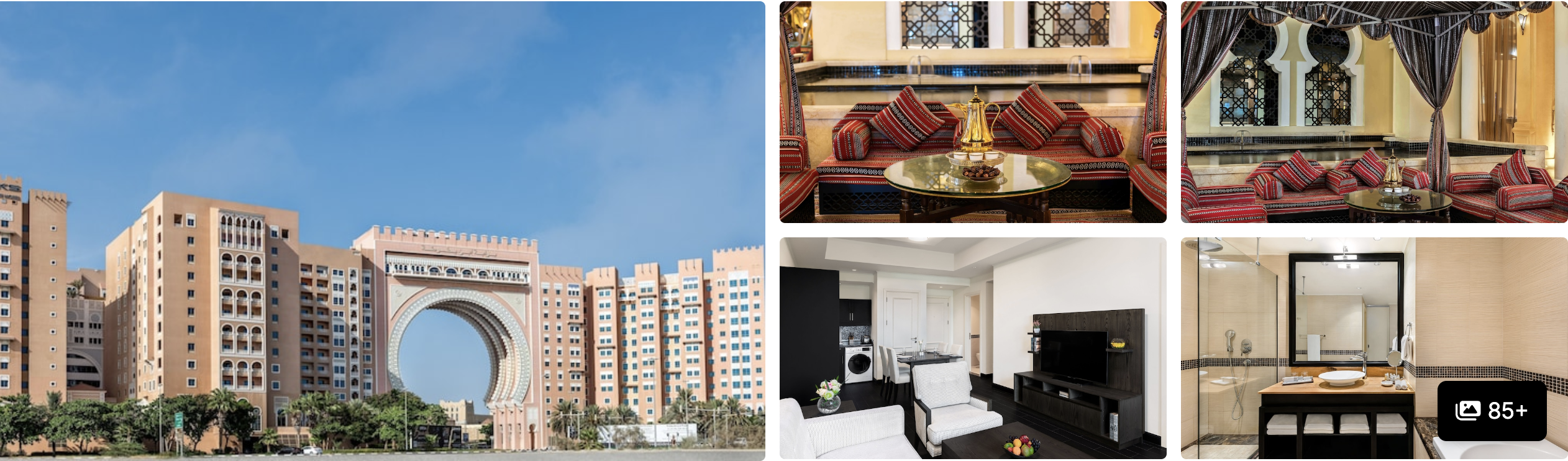 Photos of Oaks Ibn Battuta Gate Dubai: arched landmark exterior, Arabic-styled lounge, living area and bathroom
