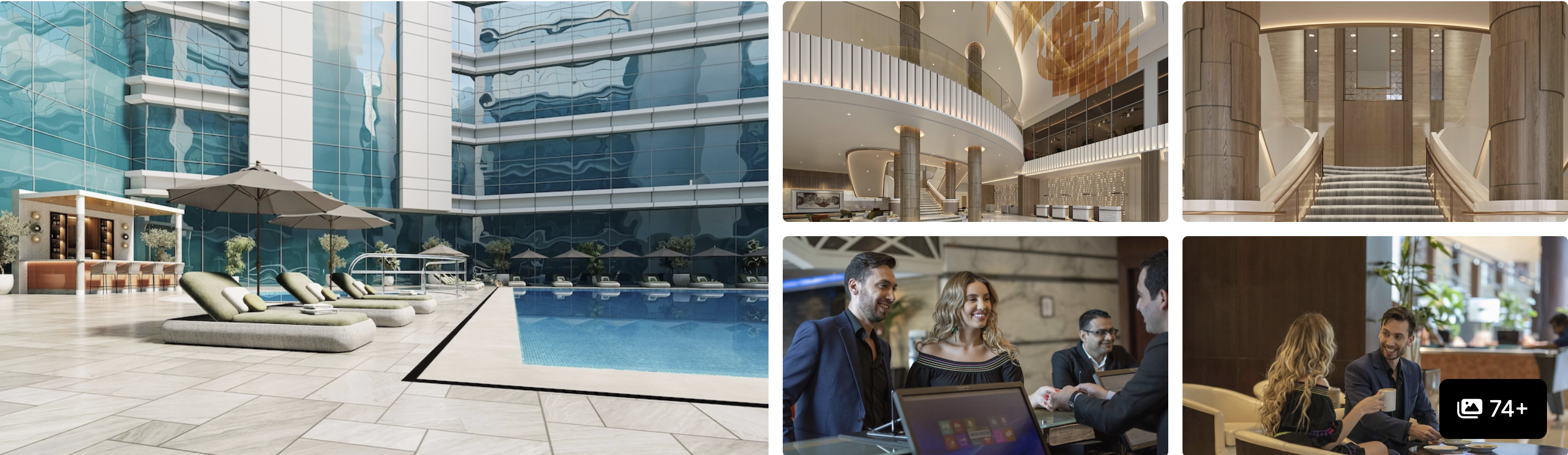 Photos of Vintage Grand Hotel, Dubai: poolside terrace with loungers, vaulted lobby and business guests in the lounge