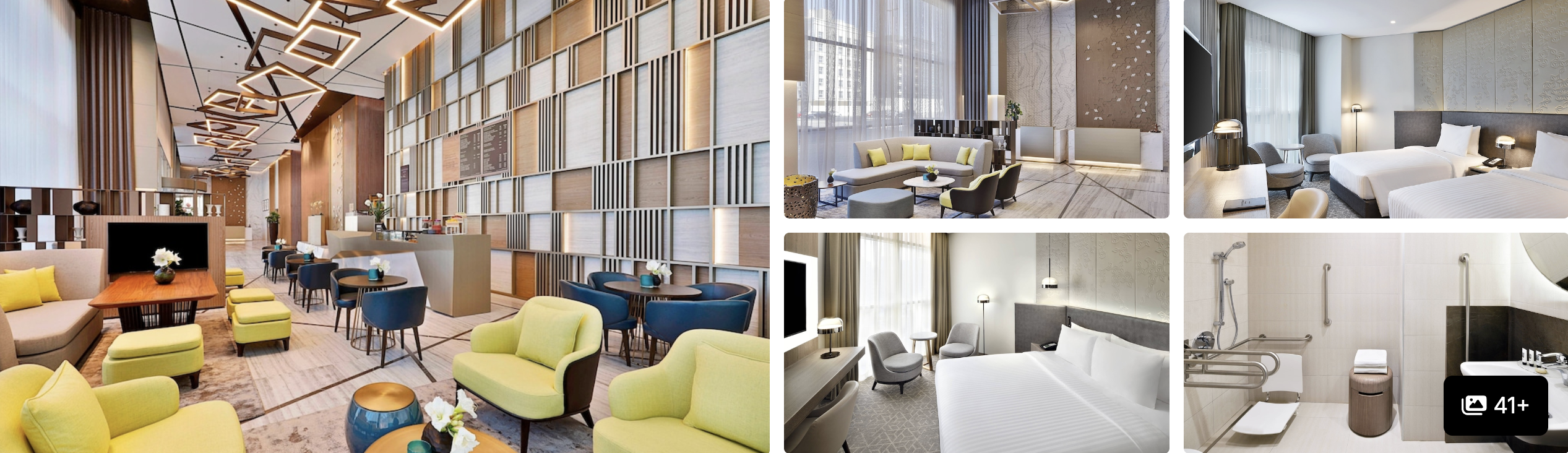Photos of Courtyard by Marriott Dubai: bright lobby lounge with green chairs, guest rooms and accessible bathroom
