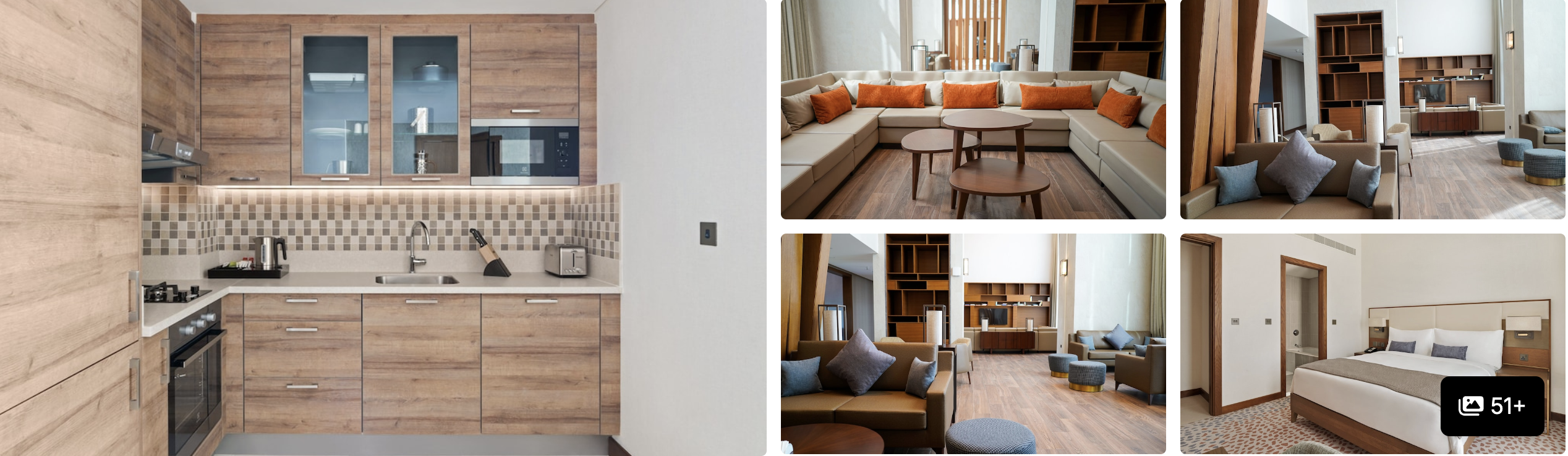 Photos of Staybridge Suites Dubai Al-Maktoum Airport: full kitchen, sectional sofa living area and bedroom suites