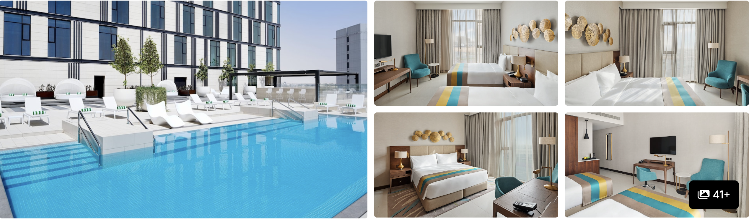Photos of Holiday Inn Dubai Al-Maktoum Airport: rooftop pool with loungers and bright guest rooms with teal accents