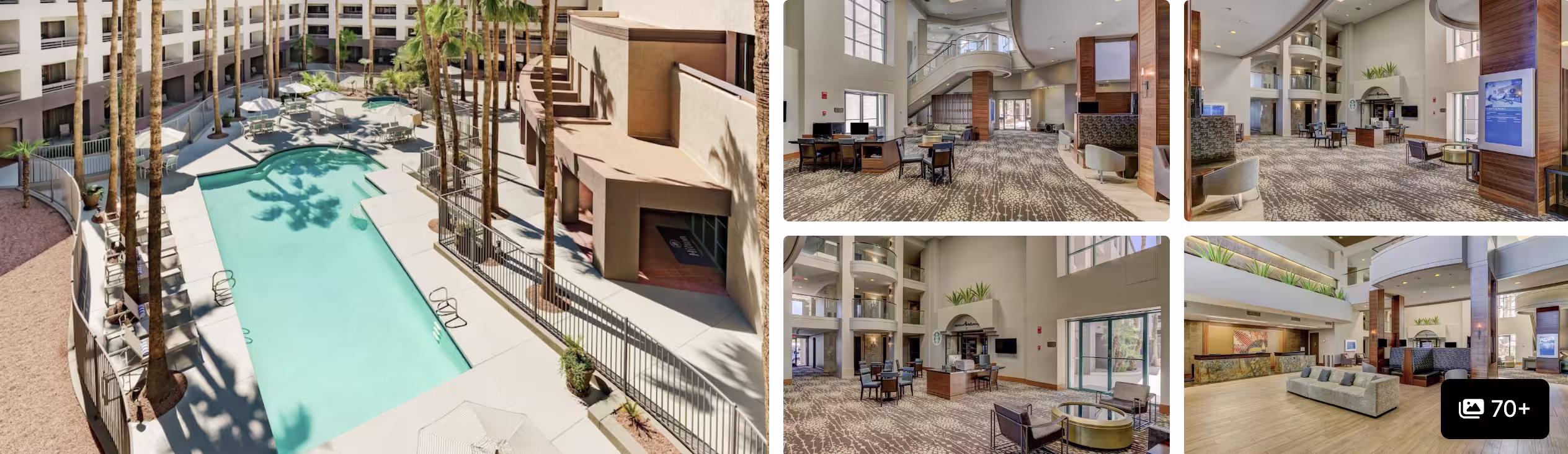 Photos of a hotel near PHX airport: palm-lined outdoor pool and patio plus a soaring tiled lobby with lounge seating