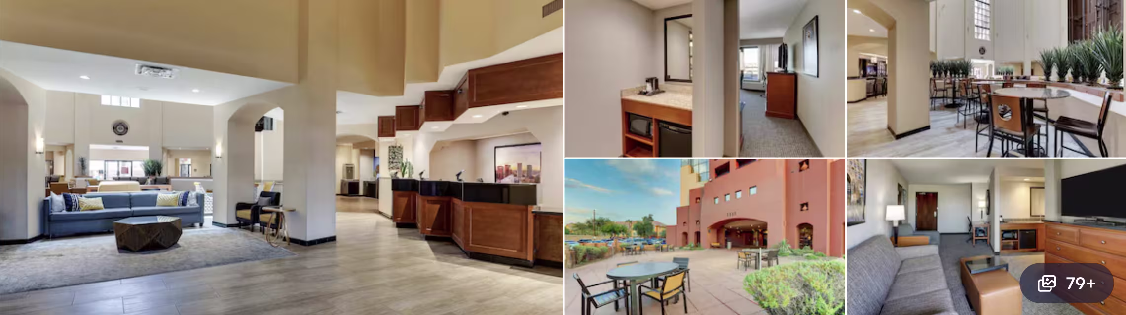 Photos of a Phoenix Airport hotel: open lobby with sofas, breakfast area, courtyard patio and reception desk