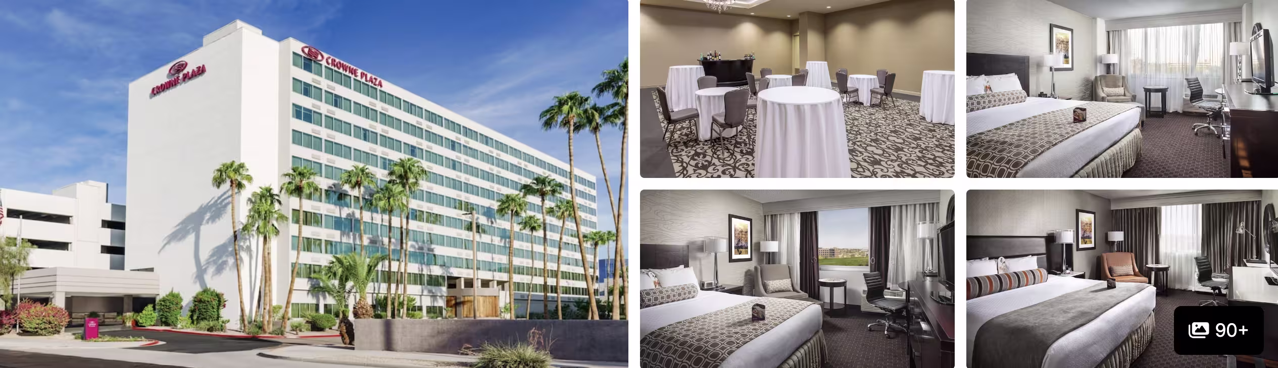 Photos of the Crowne Plaza Phoenix Airport: high-rise exterior with palms, meeting room and guest rooms with beds and desks