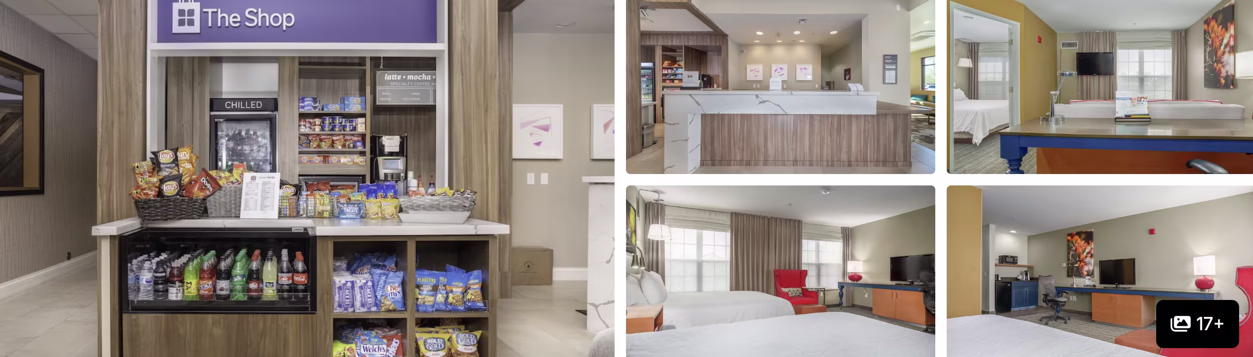 Photos of an extended-stay Phoenix Airport hotel: snack market, front desk, and guest rooms with beds and red accent chairs