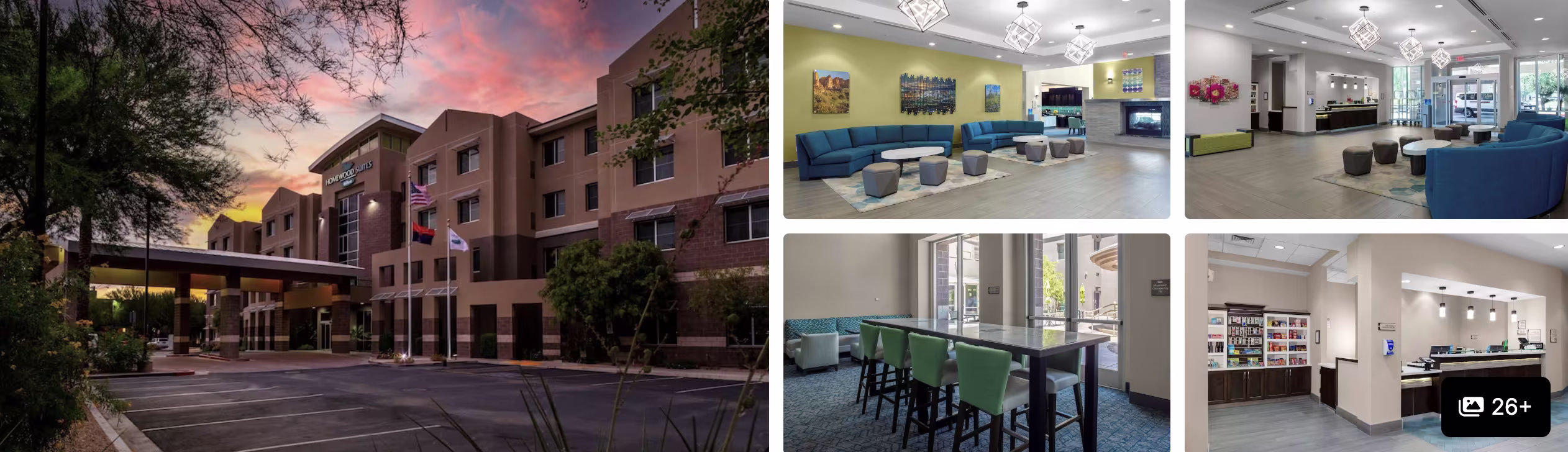 Photos of a Phoenix Airport family hotel: brick exterior at sunset, lounge with blue sofas, dining area and reception desk