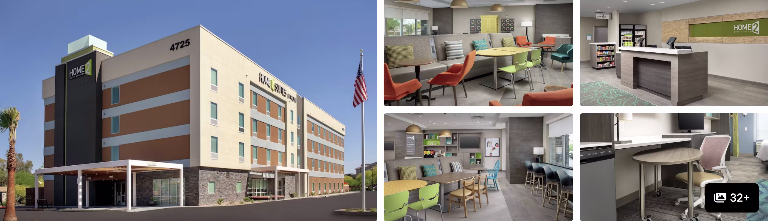 Photos of Homewood Suites by Hilton Phoenix Airport South: modern exterior, bright lobby lounge, dining area and front desk