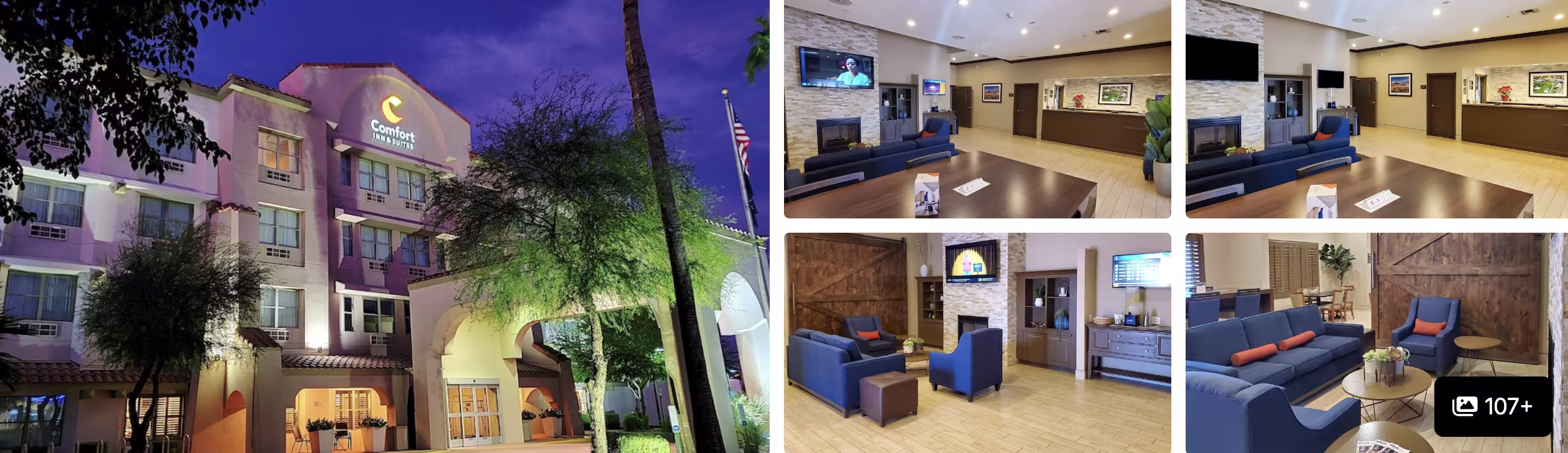 Photos of a budget hotel near Phoenix Sky Harbor: illuminated exterior at dusk, lobby with fireplace and blue lounge seating