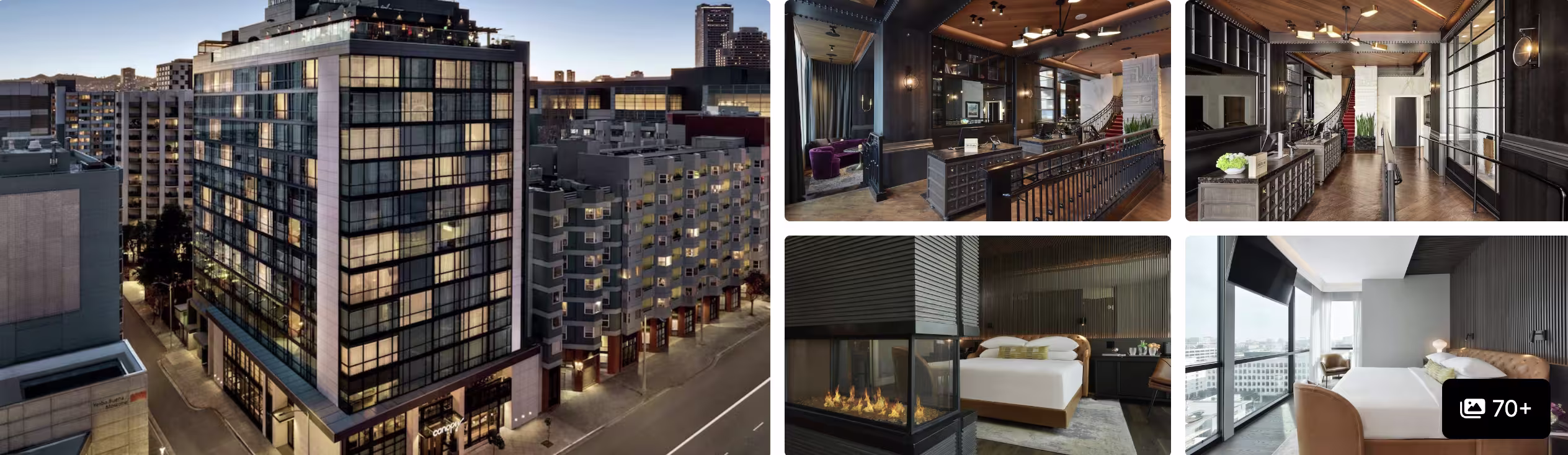 Photos of a SoMa San Francisco hotel: glass tower at dusk, wood-toned bar and lounge, fireside seating and a guest room