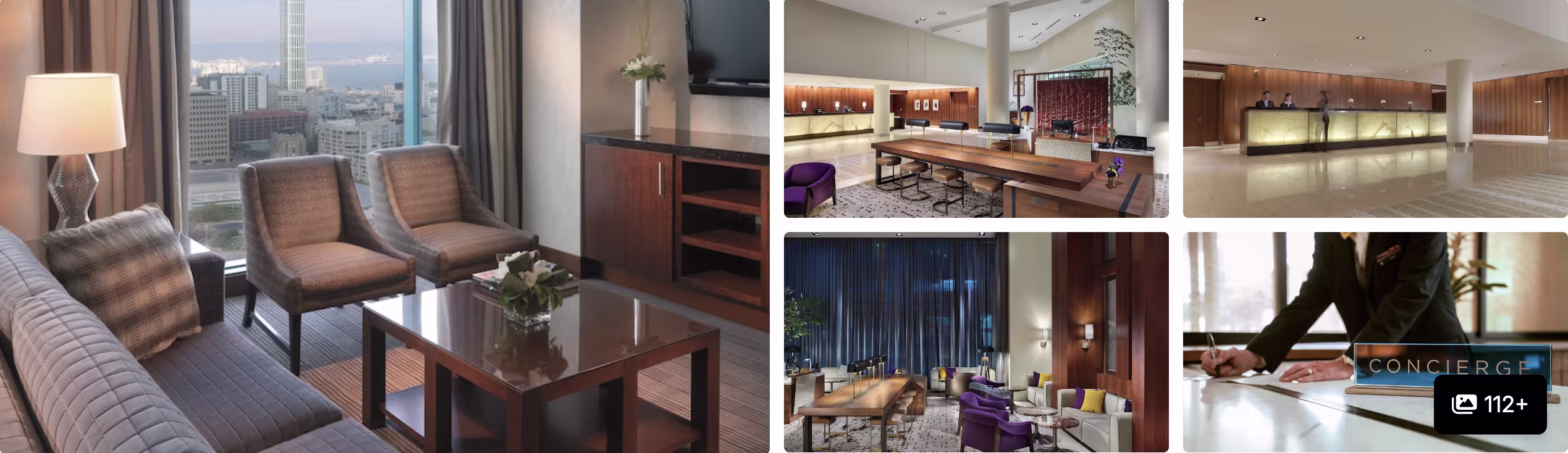 Photos of The Westin St. Francis, Union Square: hotel exterior with palm-lined drive, lobby, sofa and bathroom