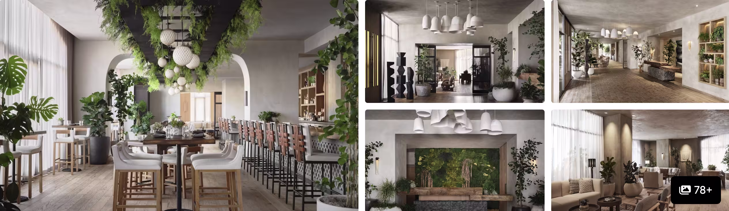 Photos of a SoMa San Francisco hotel: greenery-draped restaurant, plant-filled lobby and calm lounge seating areas