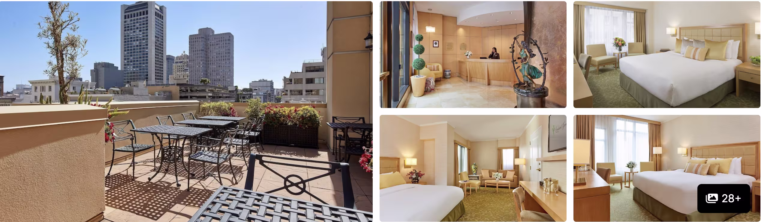 Photos of a Union Square hotel near San Francisco airport access: DoubleTree exterior, lobby reception, suite and guest room