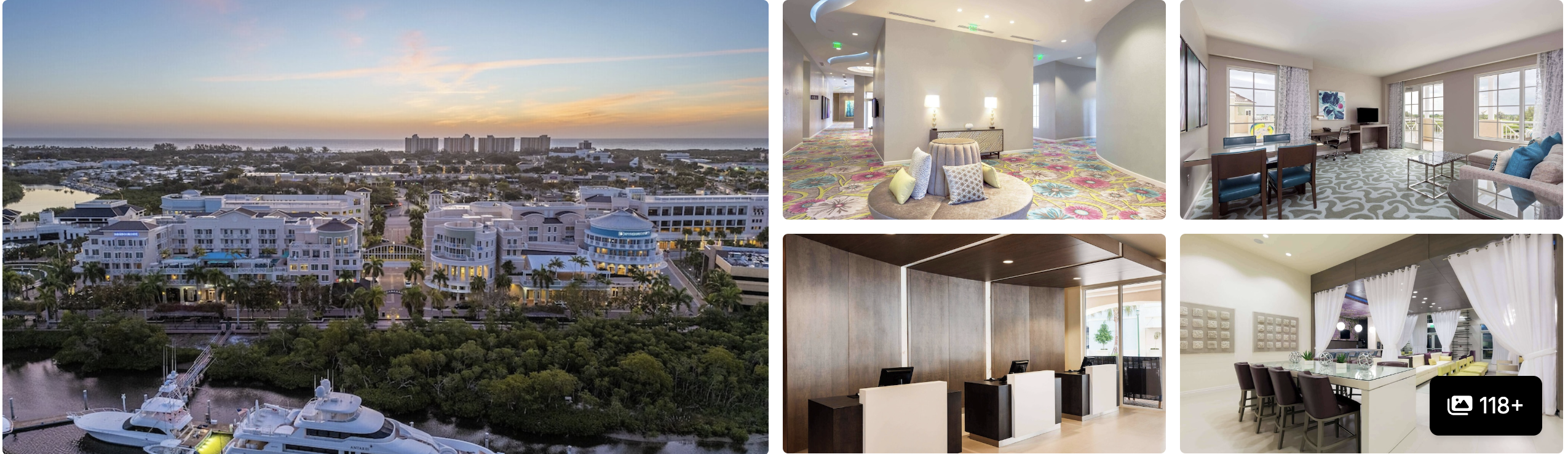 Photos of a Jupiter waterfront hotel near the Marlins and Cardinals stadium: aerial view, suite, lobby and meeting room