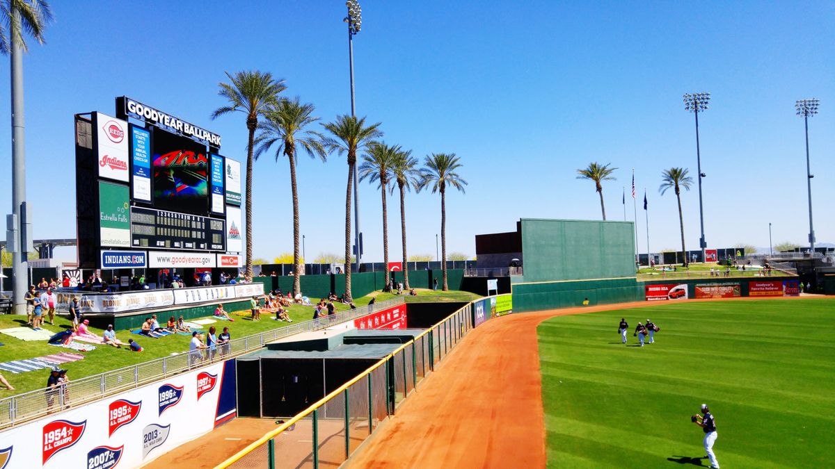 Goodyear Ballpark in Arizona with palm trees, scoreboard and fans on the outfield lawn during spring training