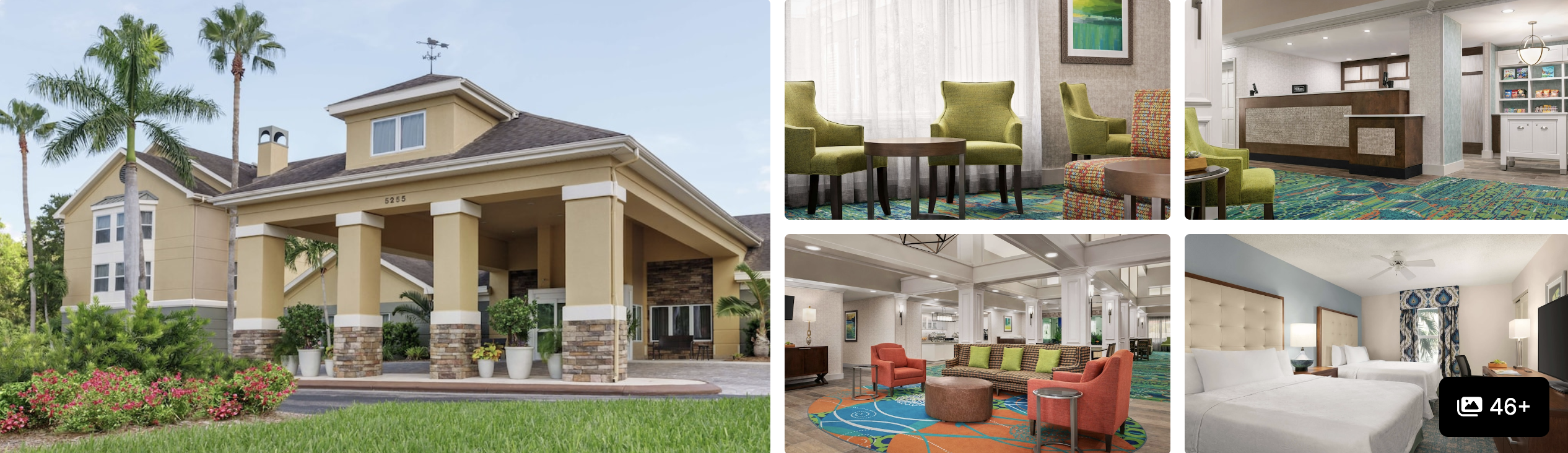 Photos of a Fort Myers hotel near Red Sox and Twins stadiums: gabled entrance, colorful lobby lounge and guest room