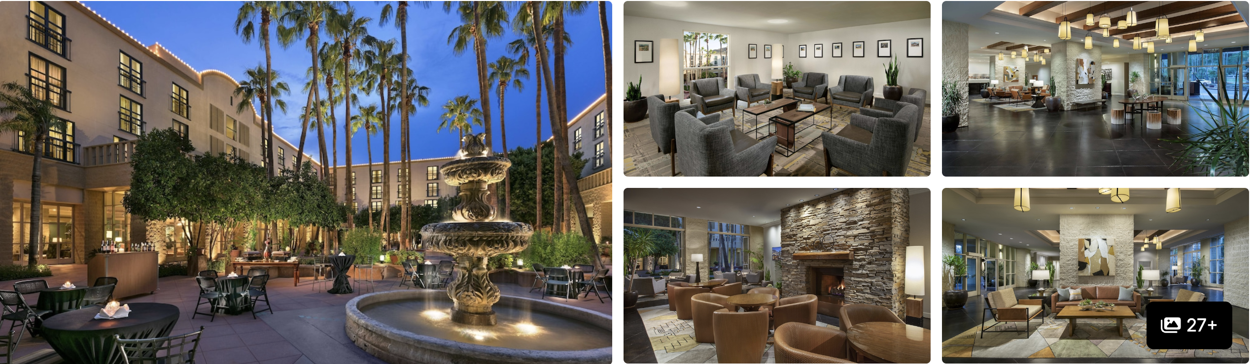 Photos of a Tempe-area hotel near Angels spring training: palm-lined courtyard with fountain and lounge seating areas
