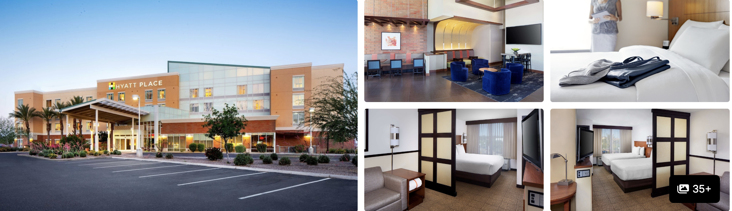 Photos of a Hyatt Place hotel in Mesa near Cubs and Athletics stadiums: exterior, lobby and guest rooms with two beds