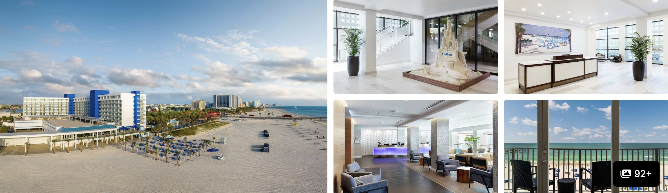 Photos of a Clearwater Beach hotel: aerial beachfront view, bright lobby, lounges and balcony with ocean view