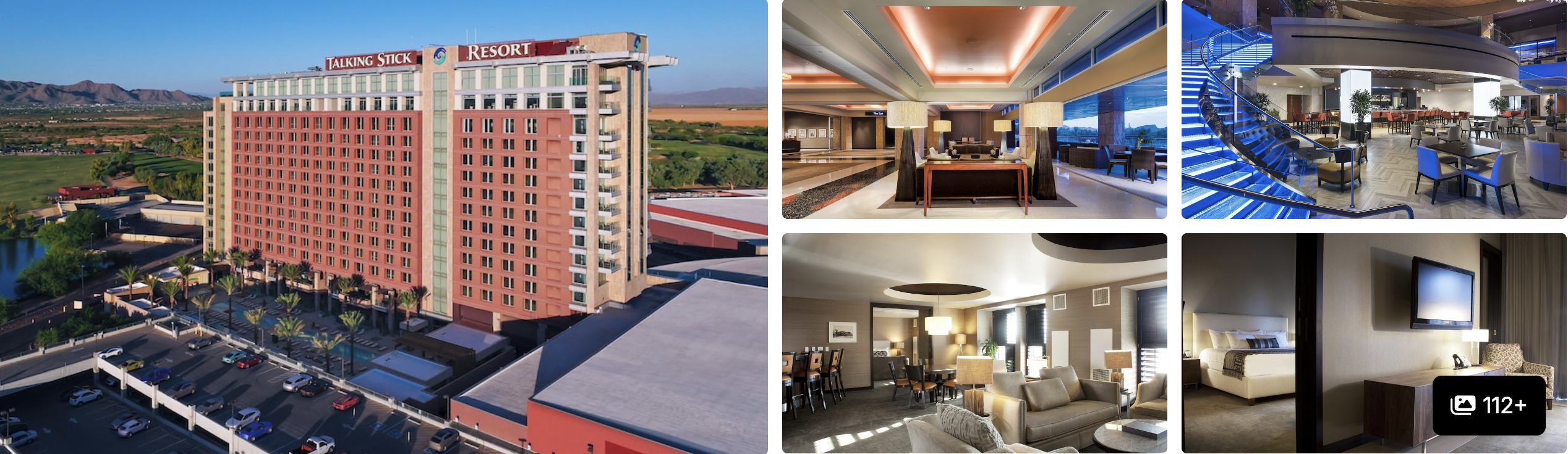 Photos of Talking Stick Resort near Salt River Fields in Scottsdale: tower exterior, lobby, curved staircase and suites