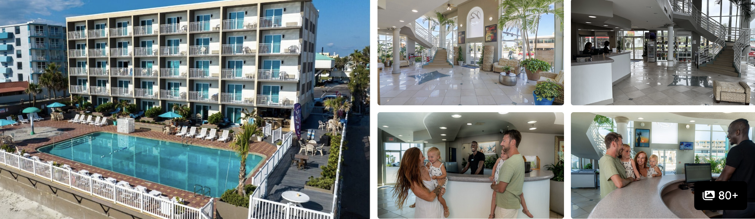 Photos of an oceanfront hotel near Daytona Beach: low-rise exterior, lobby, lounge and dining area