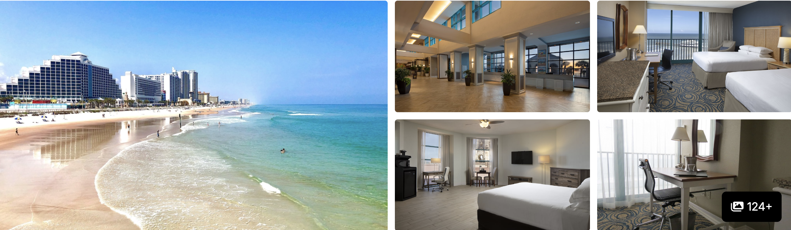 Photos of Boardwalk Inn and Suites, Daytona Beach: oceanfront exterior, lobby, dining and a guest room