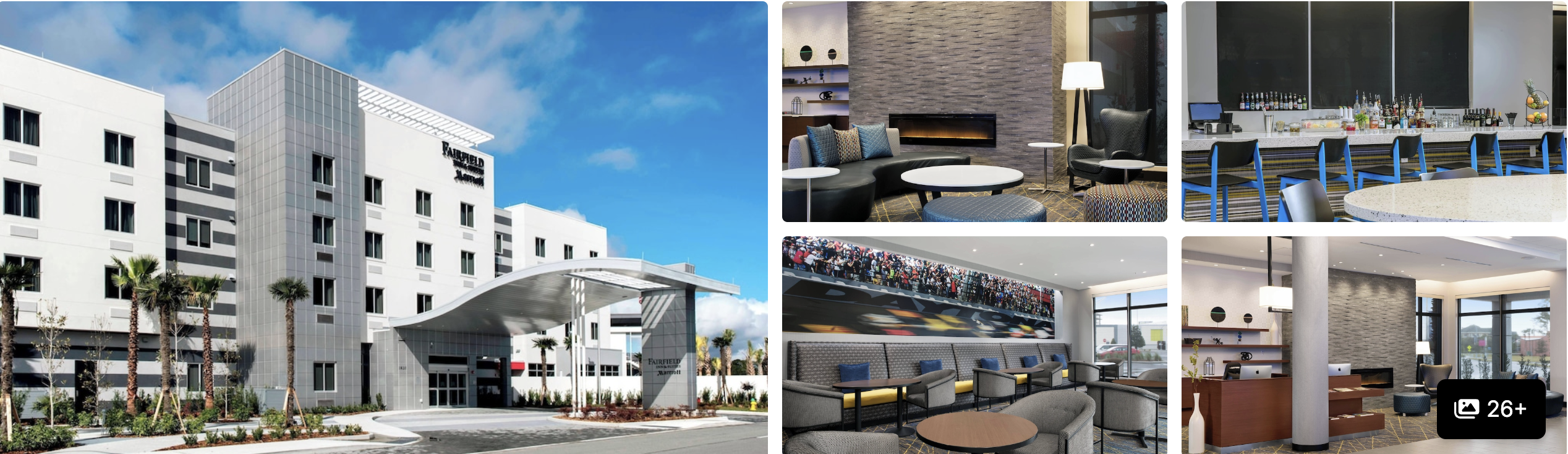Photos of Home2 Suites by Hilton Daytona Beach Speedway: hotel exterior, breakfast bar, lobby and guest rooms