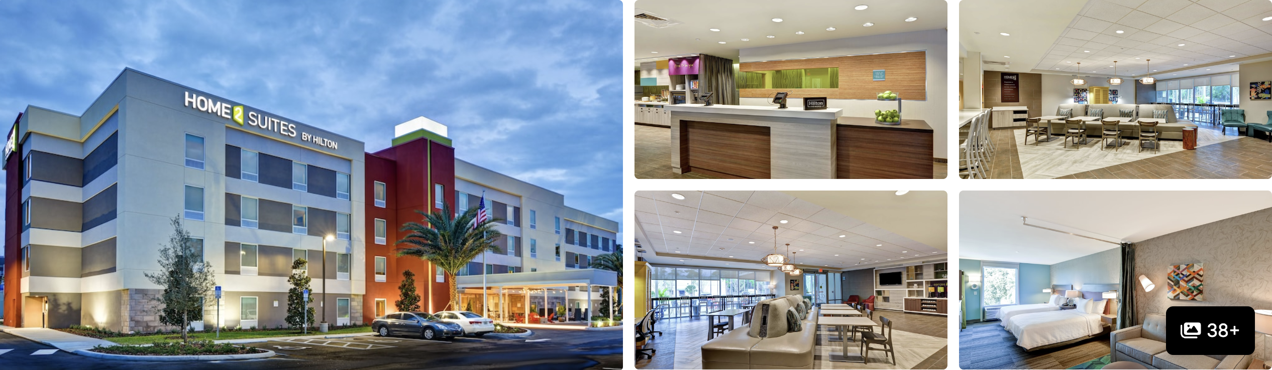 Photos of THE DAYTONA, Autograph Collection: red-lit exterior at dusk, lounge, lobby and a guest room