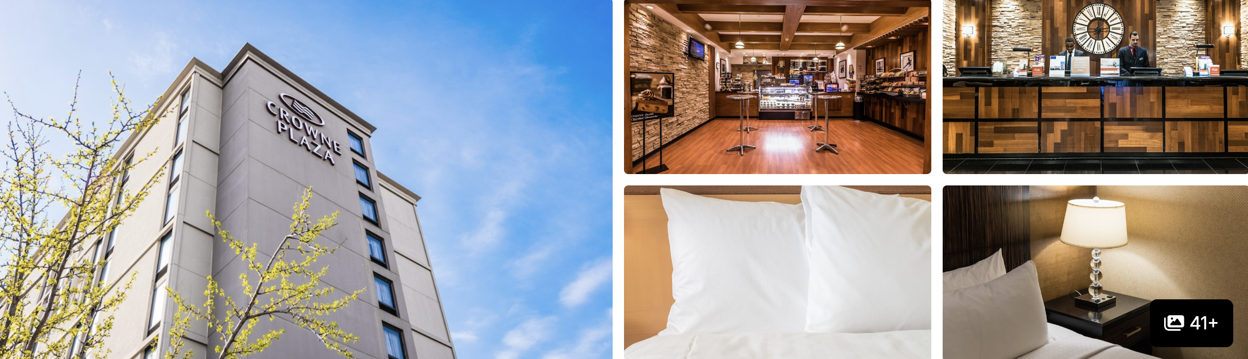 Newark Airport hotel: fireside lounge with leather chairs, dining hall, chandelier and event ballroom