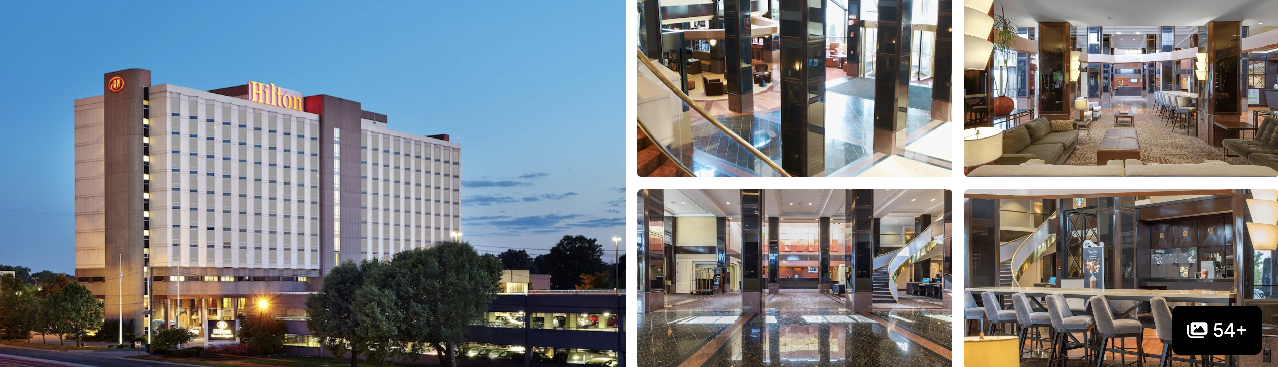 Crowne Plaza Newark Airport Elizabeth: tower under blue sky, wood-paneled bar, reception desk and guest room bedding