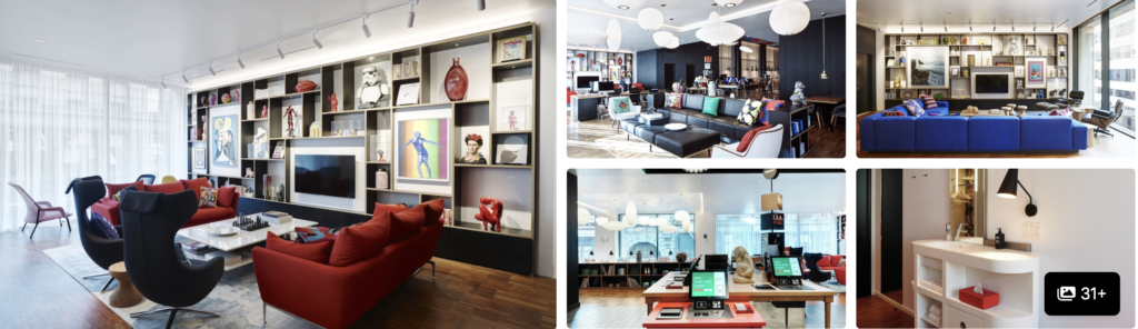 Photos of an affordable hotel near Moscone Center, San Francisco: vibrant library-style lounge, colourful seating and bar