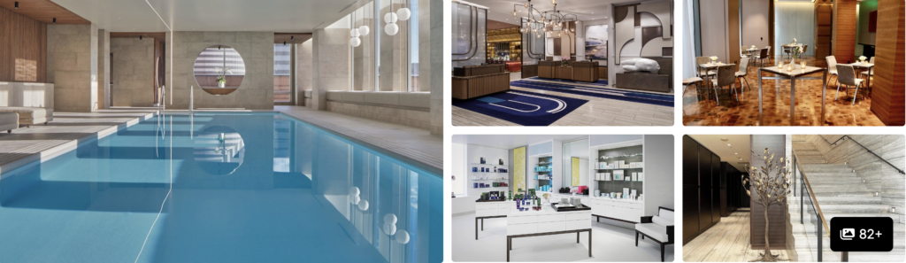 Luxury hotel near Moscone Center, San Francisco: indoor pool, dining room, lobby and marble lounge with floral display