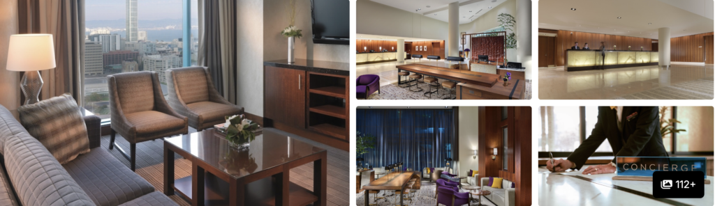 Photos of a verified sustainable hotel near Moscone Center, San Francisco: colourful floral wall art, atrium lobby and staircase