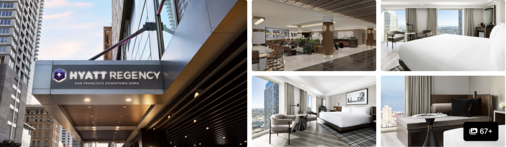 Photos of a hotel near Moscone Center, San Francisco: Hyatt Regency signage, modern lobby and guest rooms