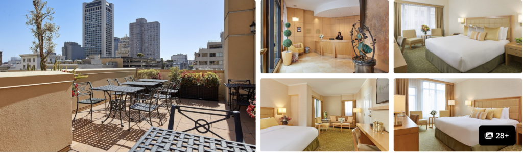 Photos of a hotel near Moscone Center, San Francisco: greenery-filled restaurant, chandelier dining room and conservatory lounge