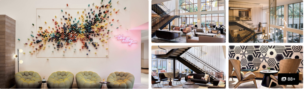 Photos of San Francisco Marriott Marquis: distinctive high-rise exterior, lobby art and exhibit-style interior spaces